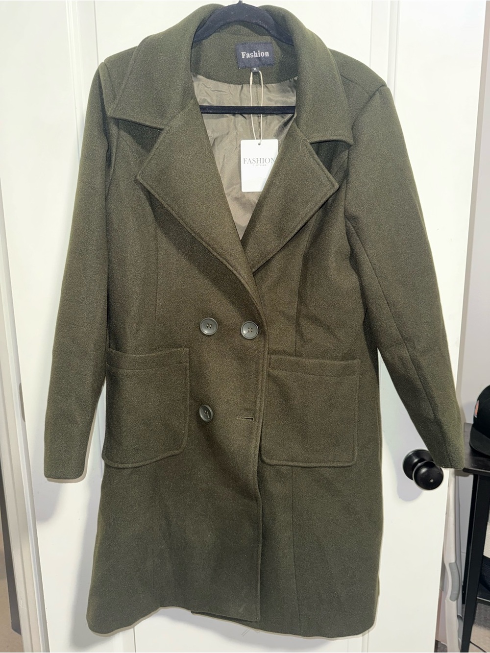 Olive Green Double-Breasted Wool-Style Coat